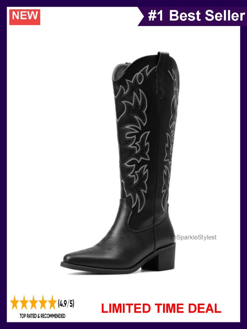 Knee High Western Cowboy Boots Pointed Toe Block Heel Pull On PU